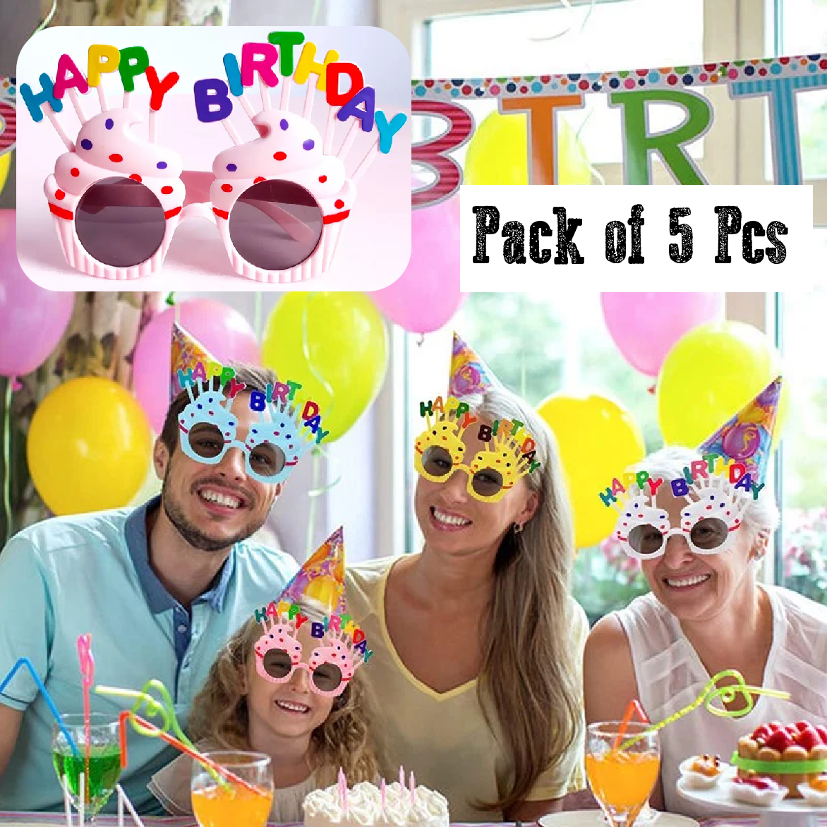 Party Fun Kids Birthday Glasses - 5 Pairs - Pink