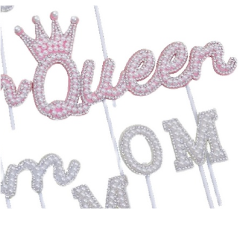 Cake Topper, Cake Decoration - QUEEN, Sparkly Pearl - Pink