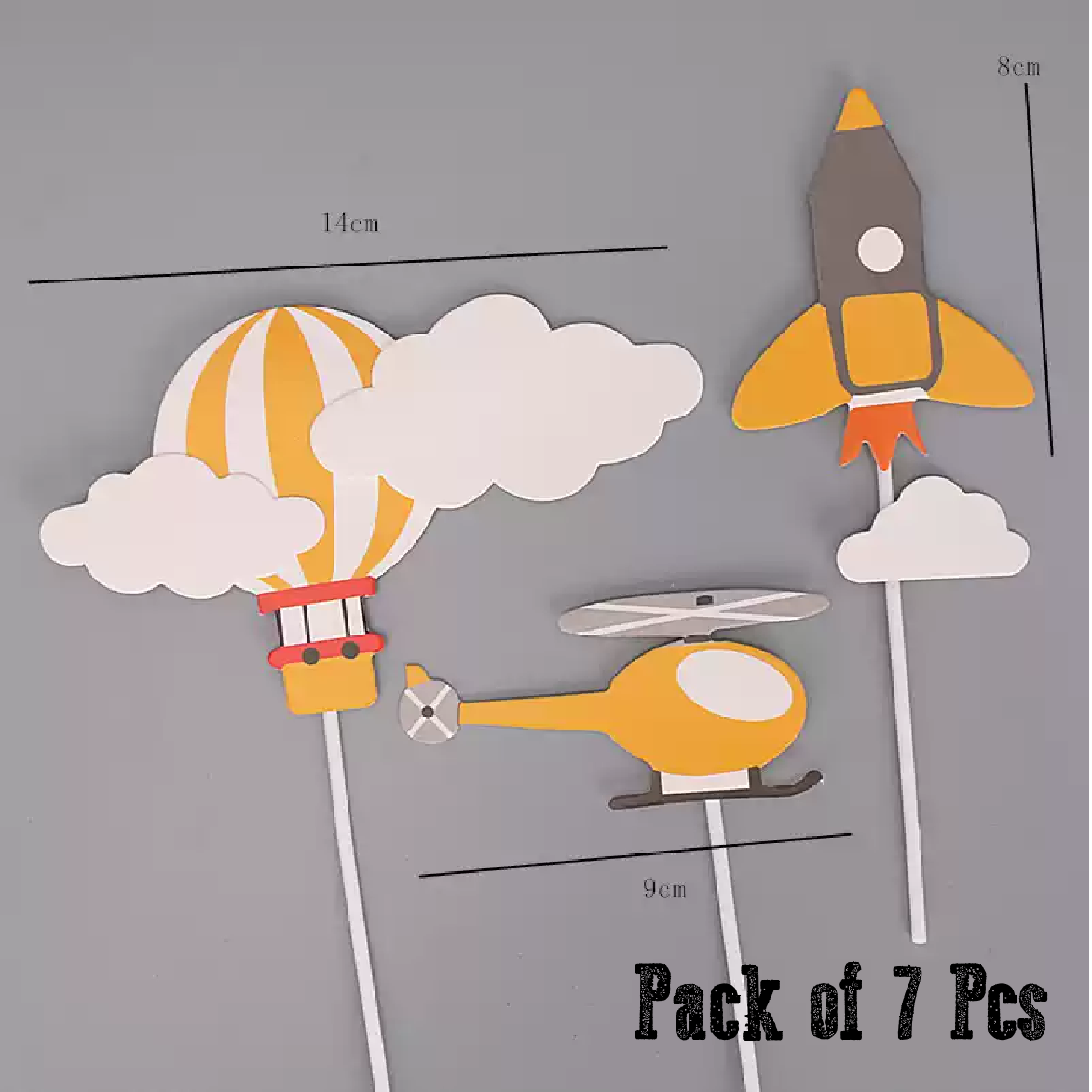 Cake Decoration, Cupcake Topper - 'Space ship, Rocket, Hot Air balloon Set of 7Pcs - Rampant Coffee Company