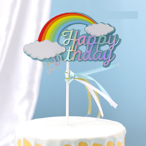 Cake Topper Cake Decoration - 'Happy Birthday' with rainbow, cloud and tassels - blue - Rampant Coffee Company