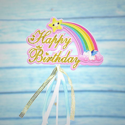 Cake Topper Cake Decoration - 'Happy Birthday' Rainbow- pink - Rampant Coffee Company
