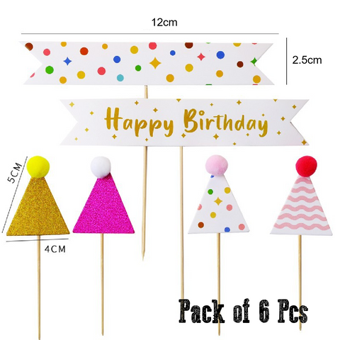 Cake Topper, Cupcake Decorations - Happy Birthday Topper - Set Pack 6pcs