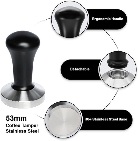 Coffee Tamper - Stainless Steel Base with wood handle - 53mm