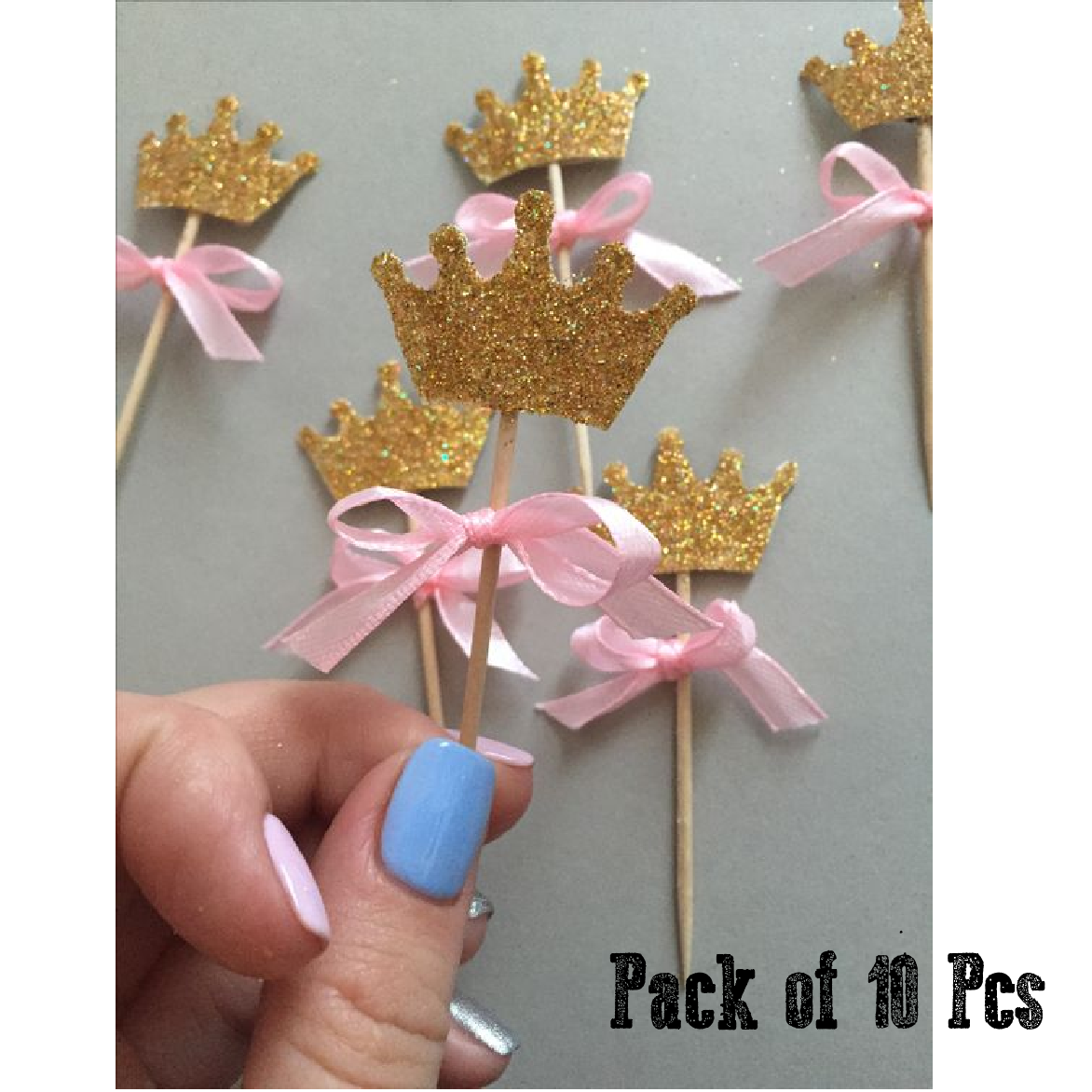 Cupcake Toppers - Gold Crown with Blue Ribbon - Set of 10