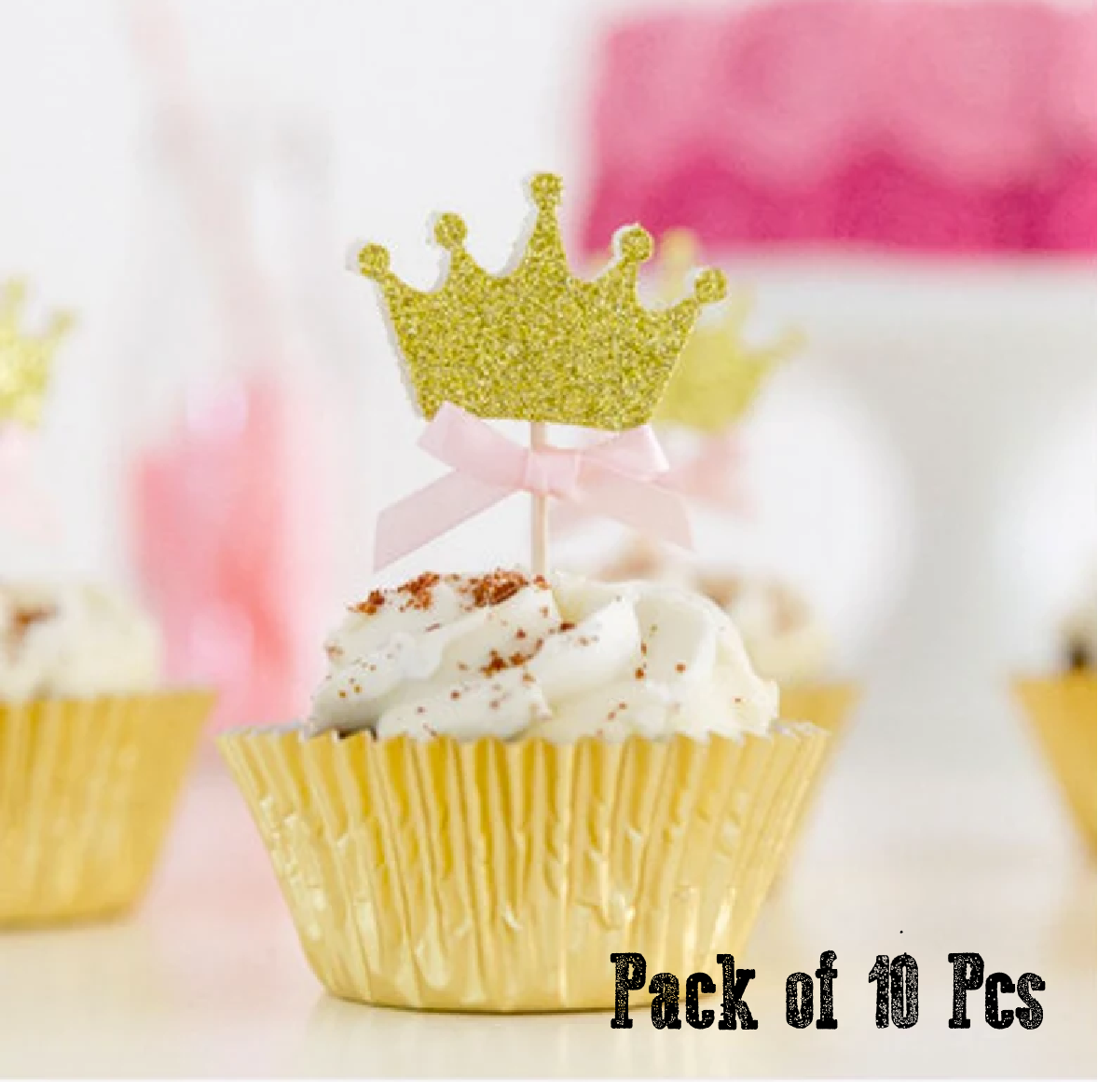 Cupcake Toppers - Gold Crown with Blue Ribbon - Set of 10
