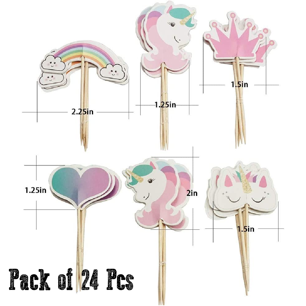 Cupcake Toppers/ Cake Decoration - Rainbows & Unicorns - Set of 24pcs