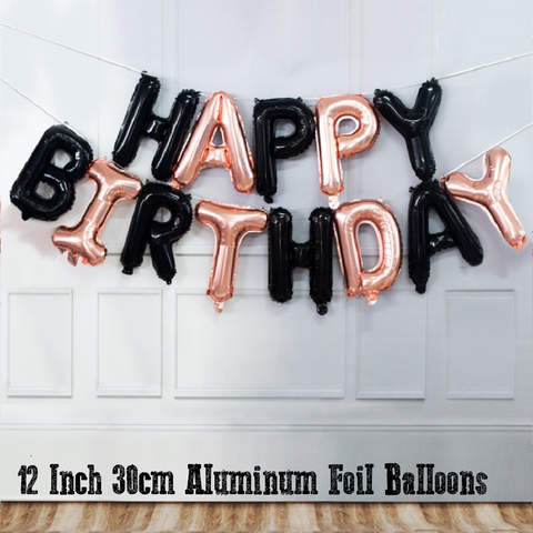 Party Decoration Balloon - 16 Inch 30cm - Happy Birthday - Black & Rose Set