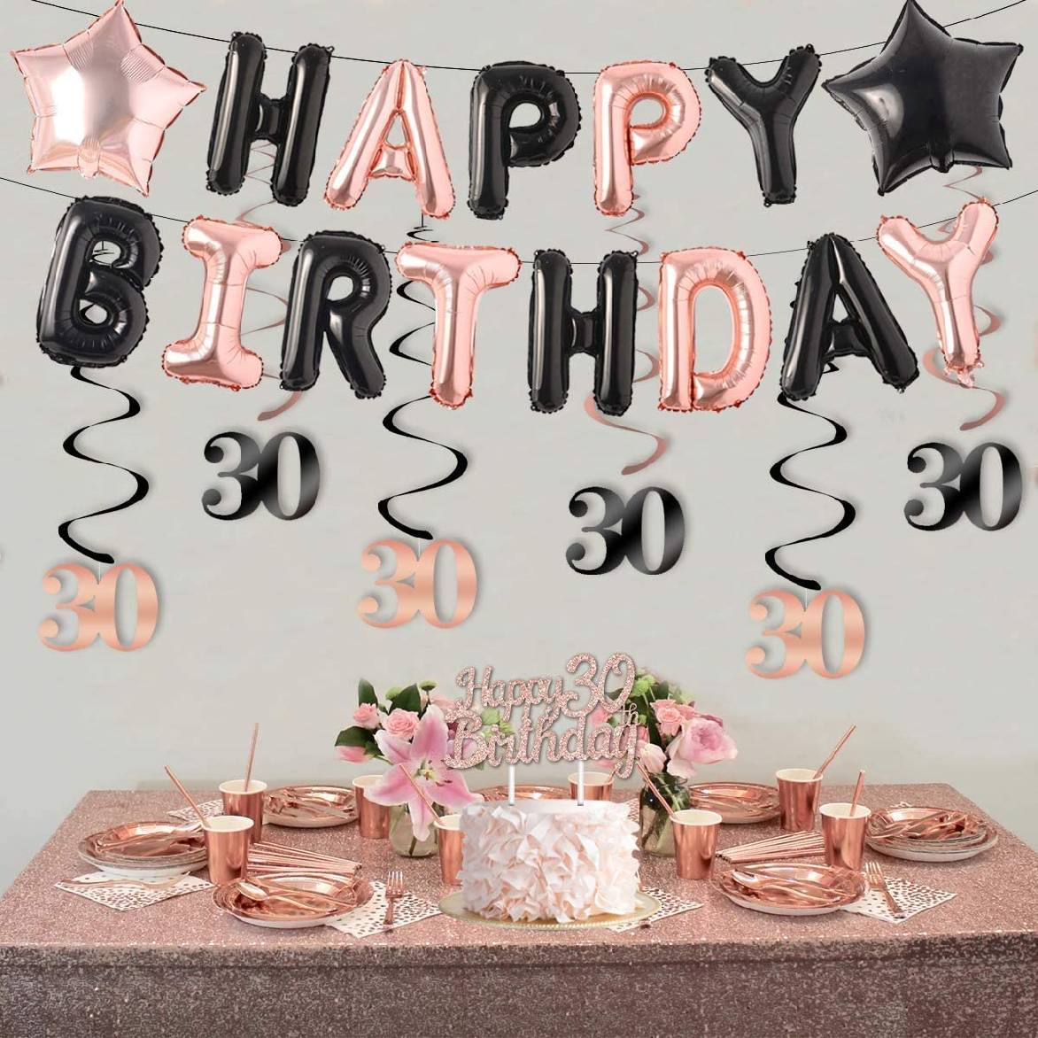 Party Decoration Balloon - 16 Inch 30cm - Happy Birthday - Black & Rose Set