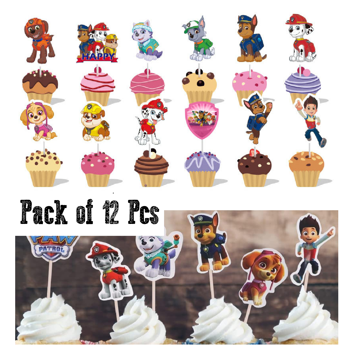 Cupcake Toppers, Cake Decoration - Paw Patrol Cupcake Toppers 12pcs