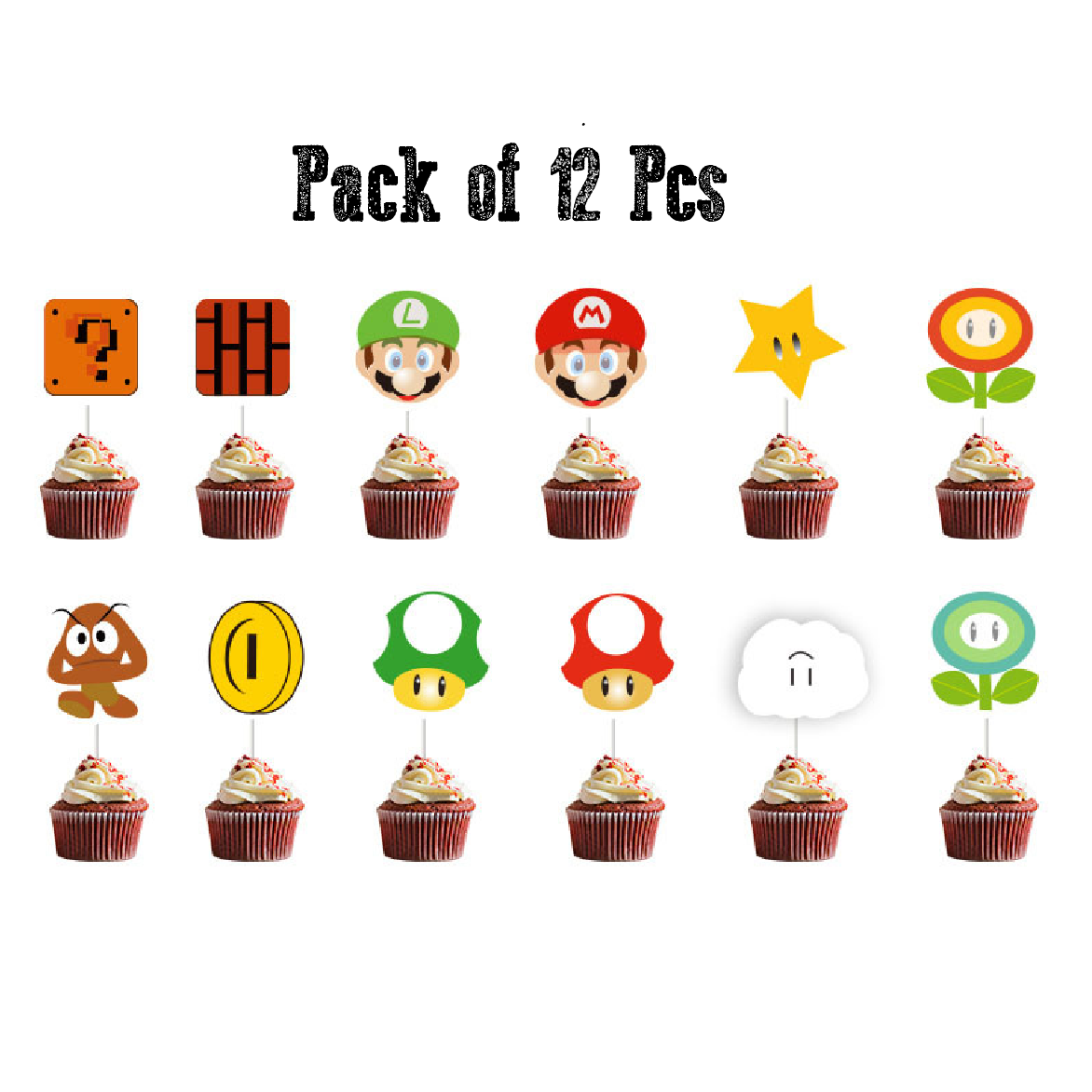 Cupcake Toppers, Cake Decoration - Super Mario Ultimate 12pcs