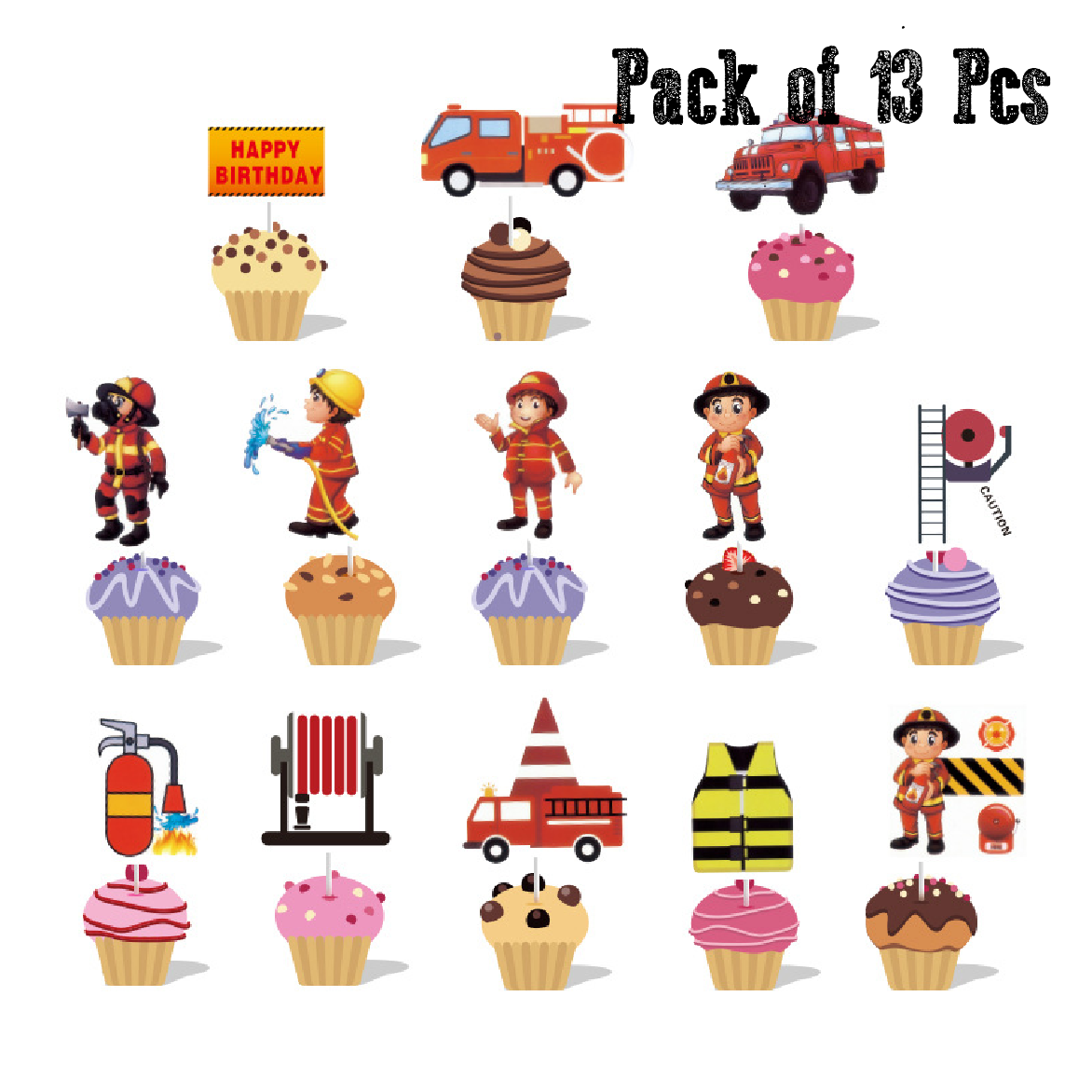 Cupcake Toppers, Cake Decoration - Firefighter, Fire truck 13pcs