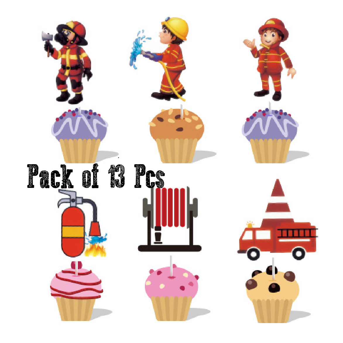 Cupcake Toppers, Cake Decoration - Firefighter, Fire truck 13pcs