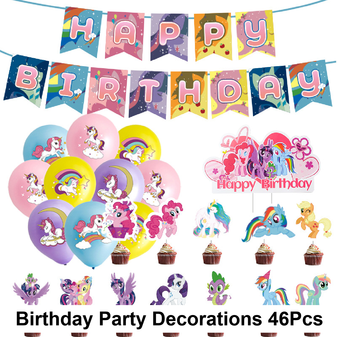 Party Decorations - My Little Pony Ultimate Party (Banner, Balloons, Cupcake Toppers) - Set 46pcs