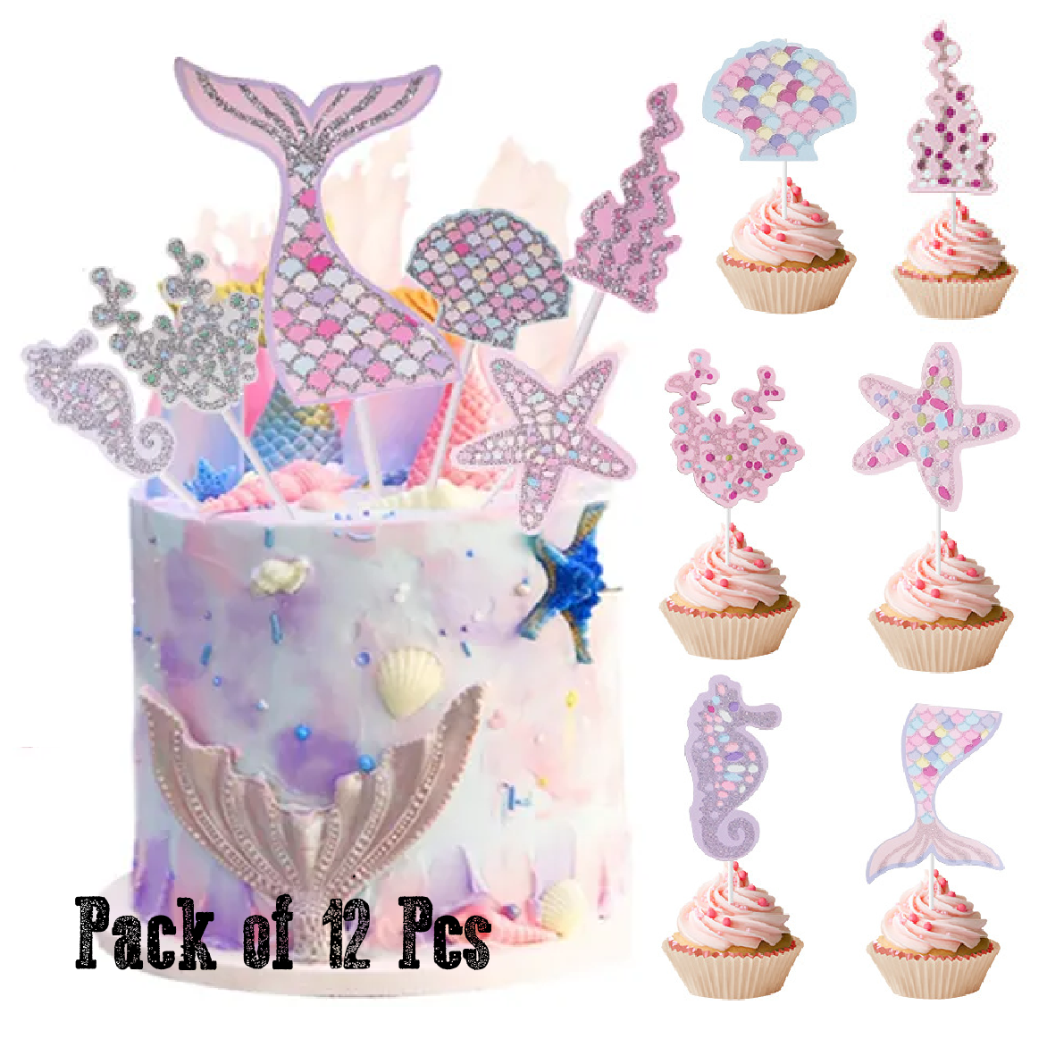 Cupcake Toppers, Cake Decoration - Mermaid Theme 12pcs