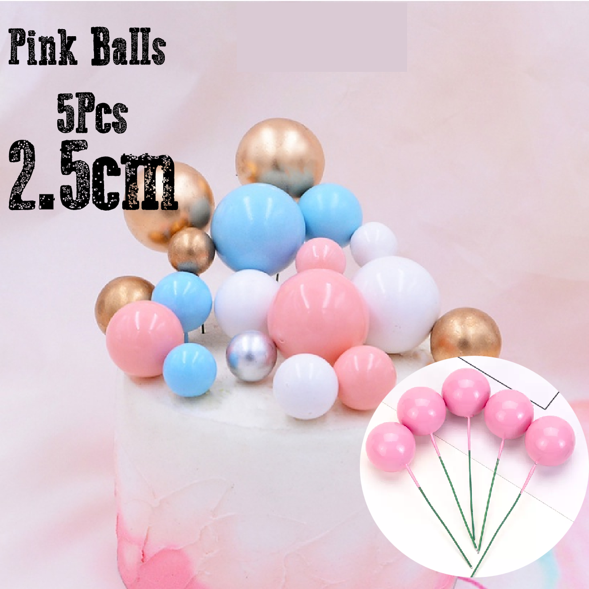 Cake Decoration Topper - 2.5 cm Pearl Balls - Pink, pack of 5 - Rampant Coffee Company