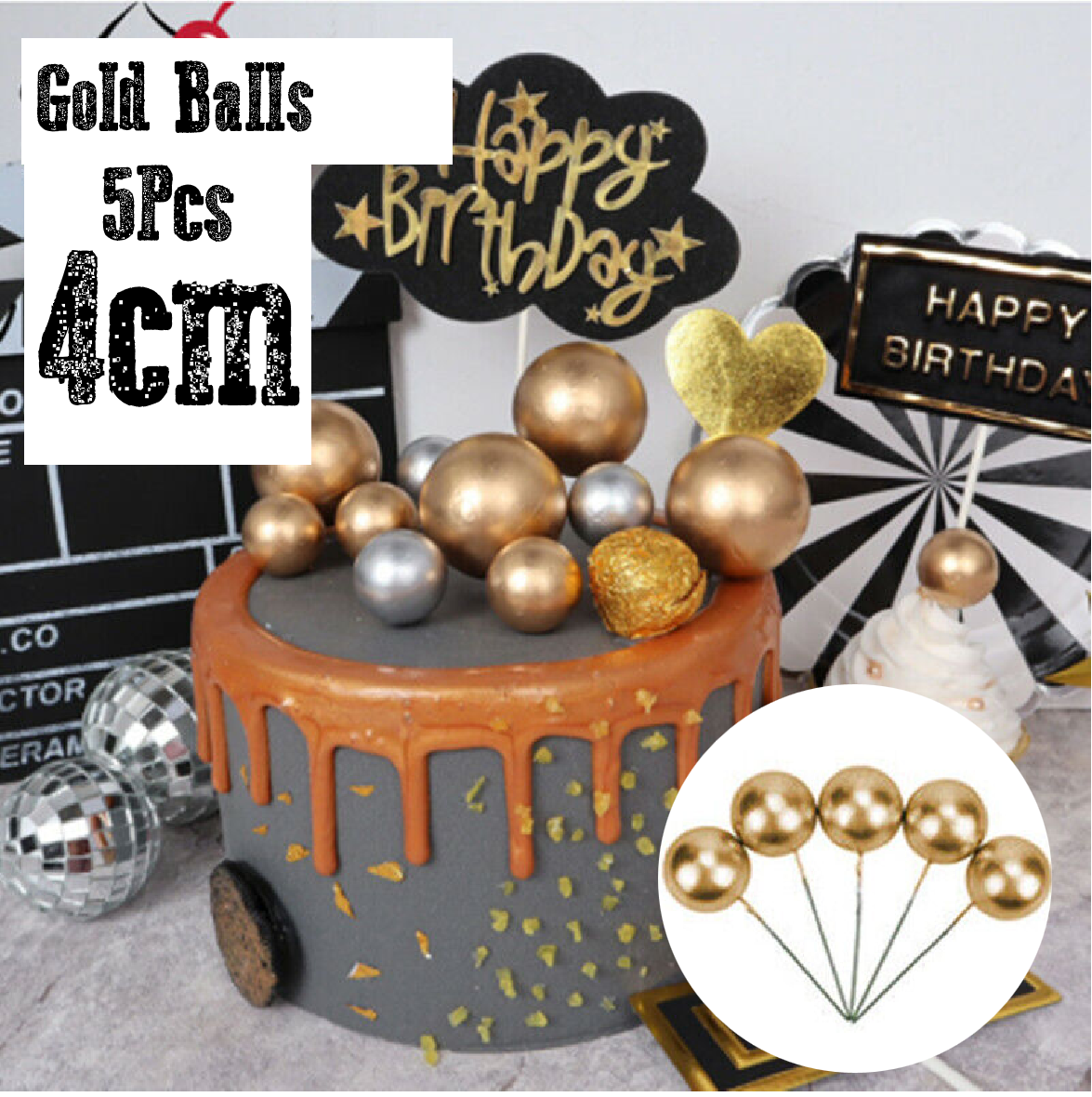 Cake Decoration Topper - 4 cm Pearl Balls Gold, pack of 5 - Rampant Coffee Company