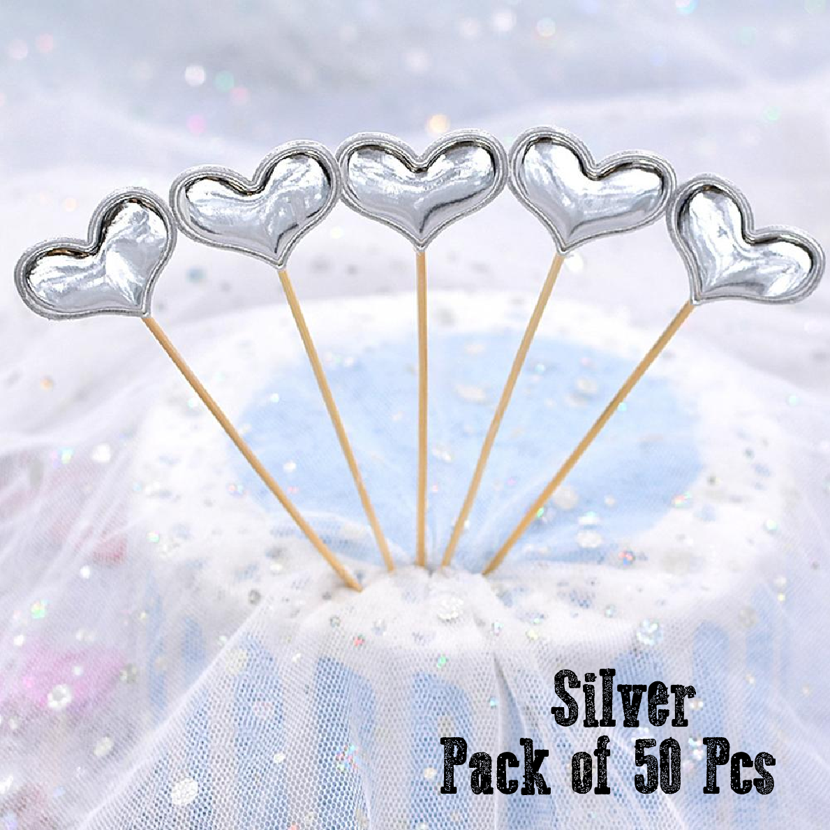 Cupcake Topper Cake Topper Decorations- Silver hearts, 50 pack - Rampant Coffee Company