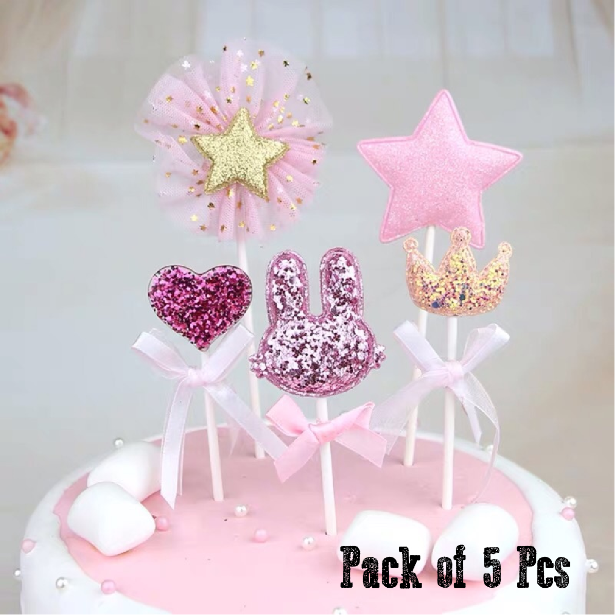 Cake Topper Cupcake Decorations- Bunny Heart Pink Sets, 5 pack - Rampant Coffee Company