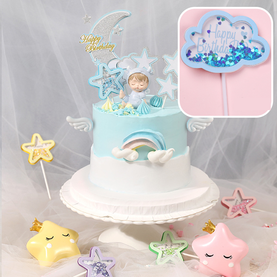 Cake Decoration, Cupcake Topper -  'Sequin Cloud' - Blue - Rampant Coffee Company