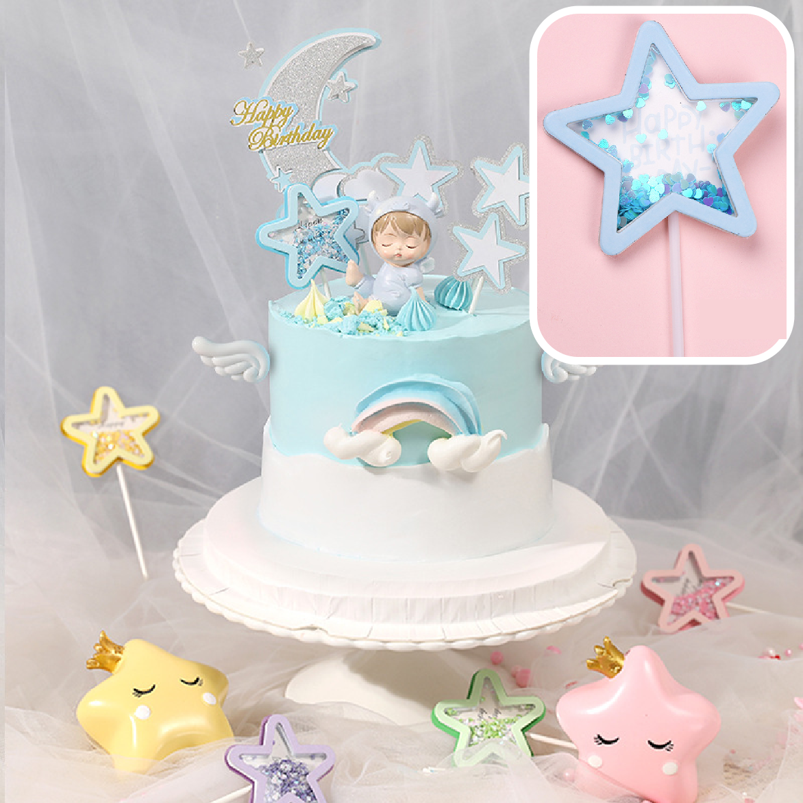 Cake Decoration, Cupcake Topper - 'Sequin Star' - Blue - Rampant Coffee Company