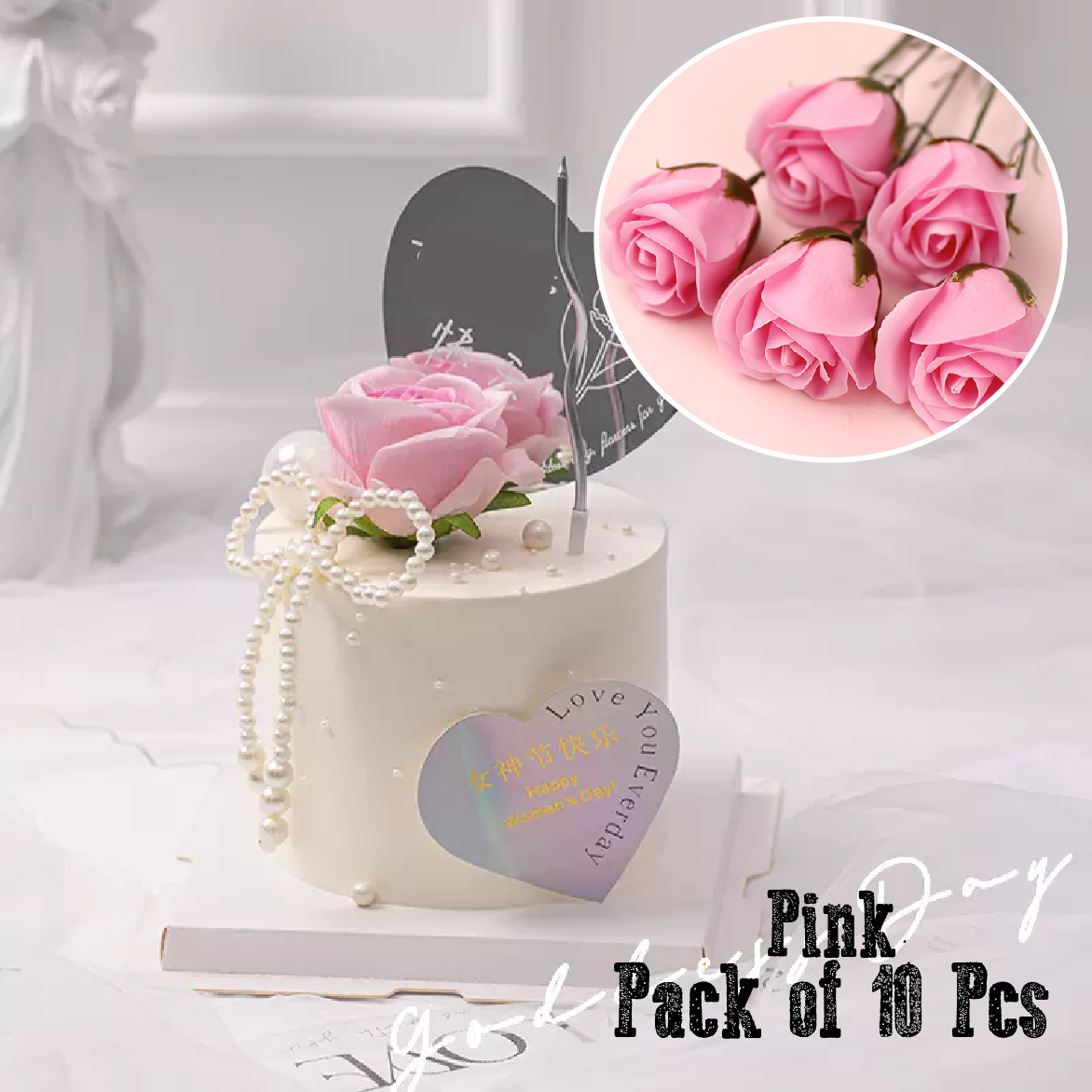Cake Decoration Flowers - Imitation Roses, pink - pack of 10 - Rampant Coffee Company