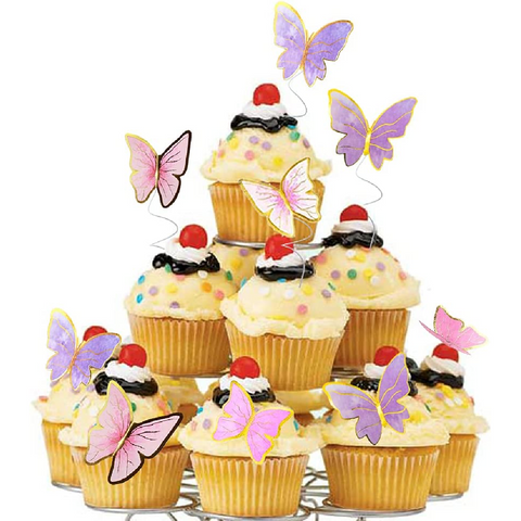 Cake Decoration, Cupcake Topper  - 3D Butterflies, pink with gold trim - pack of 10 - Rampant Coffee Company