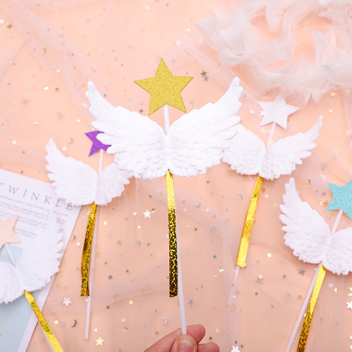 Cake Topper, Cupcake Decorations - Angel Wings with Gold Star