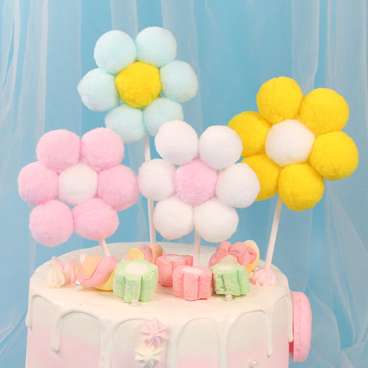 Cake Topper, Cake Decorations - Cotton Fluffy Daisy - White