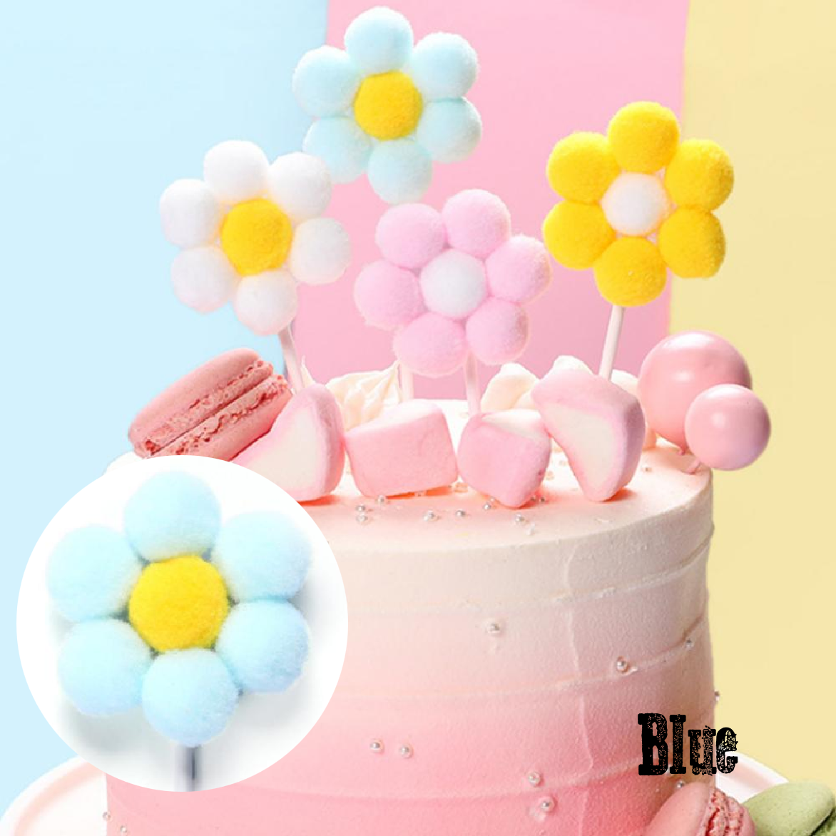Cake Topper, Cake Decorations - Cotton Fluffy Daisy - Blue