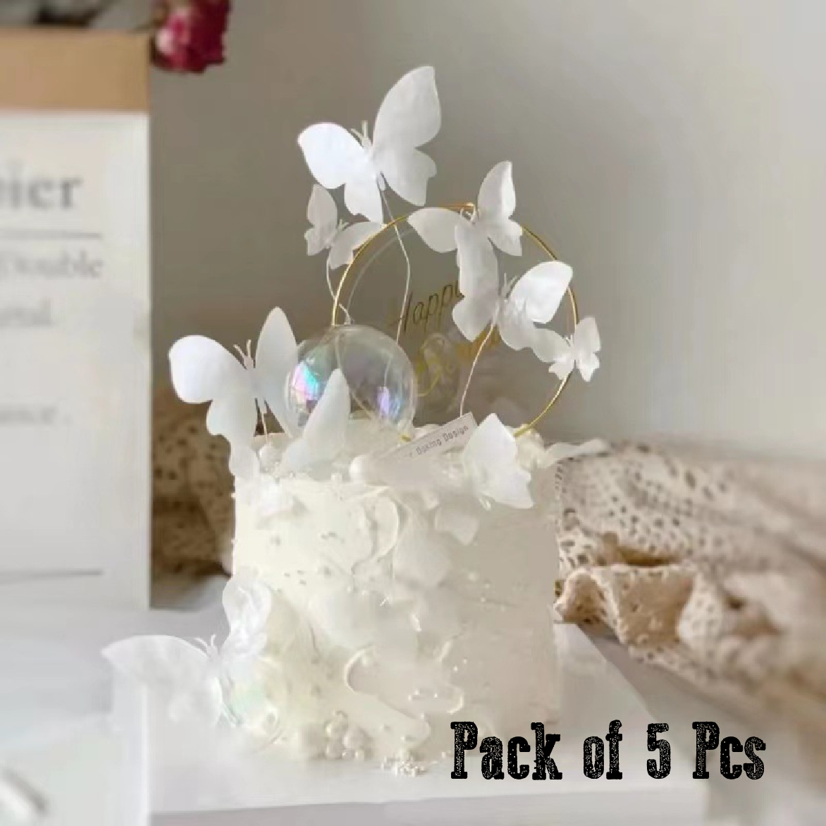 Cake Decoration, Cupcake Topper - 3D Butterflies White - Set of 5