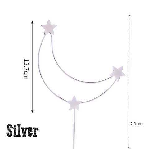 Cake Topper Decoration - Metal Stars & Moon - Silver