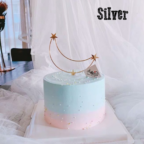 Cake Topper Decoration - Metal Stars & Moon - Silver