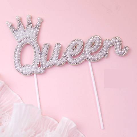 Cake Topper, Cake Decoration - QUEEN, Sparkly Pearl - White