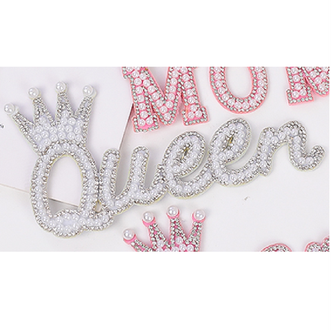 Cake Topper, Cake Decoration - QUEEN, Sparkly Pearl - White
