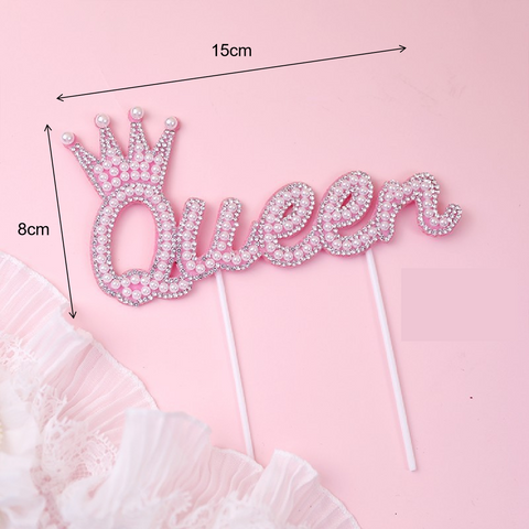 Cake Topper, Cake Decoration - QUEEN, Sparkly Pearl - Pink
