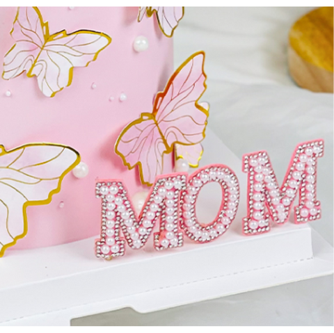 Cake Topper, Cake Decoration - MOM Mother's Day Sparkly Pearl - Pink