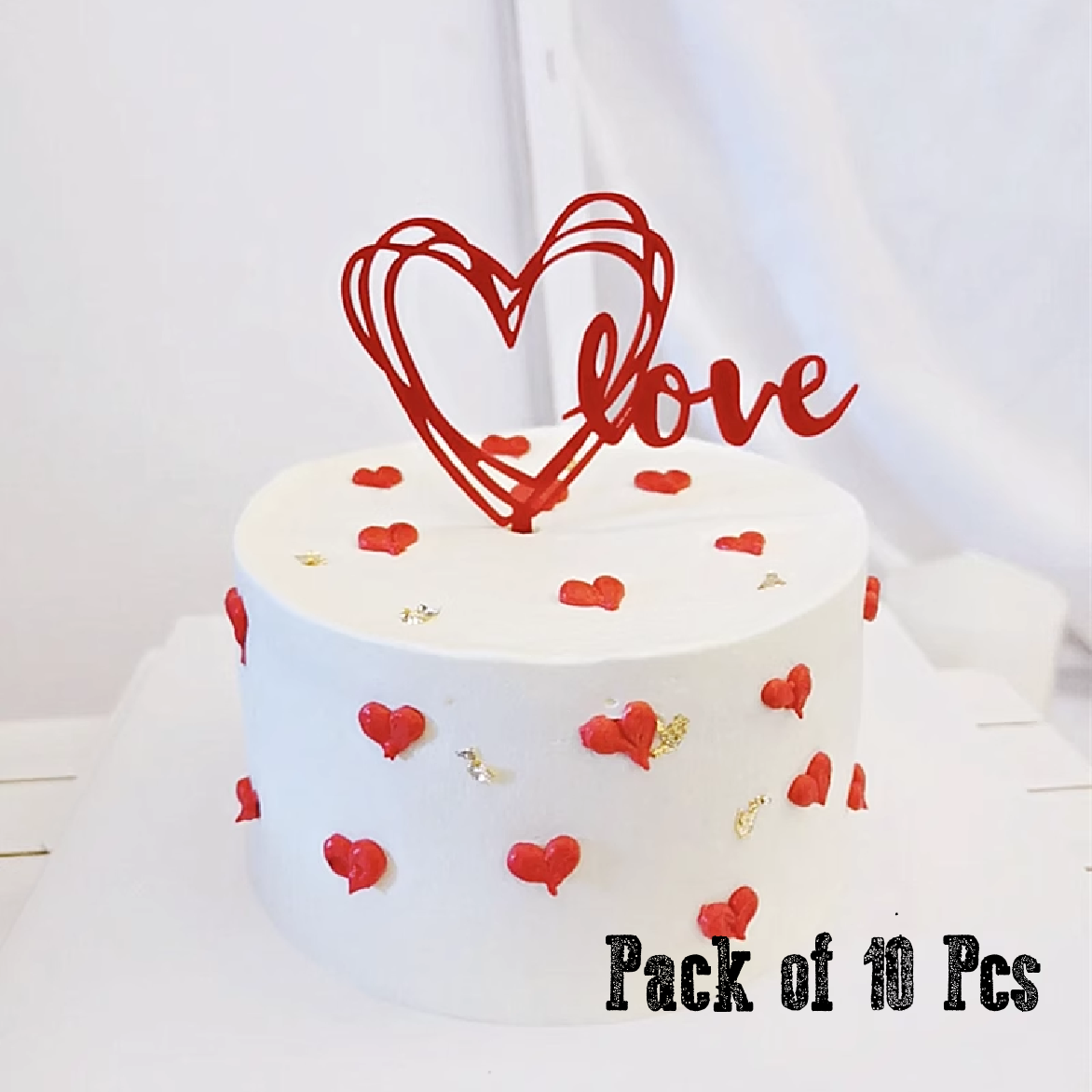 Cake Decoration, Cupcake Topper - Heart & Love Set - Red - Set of 10pcs