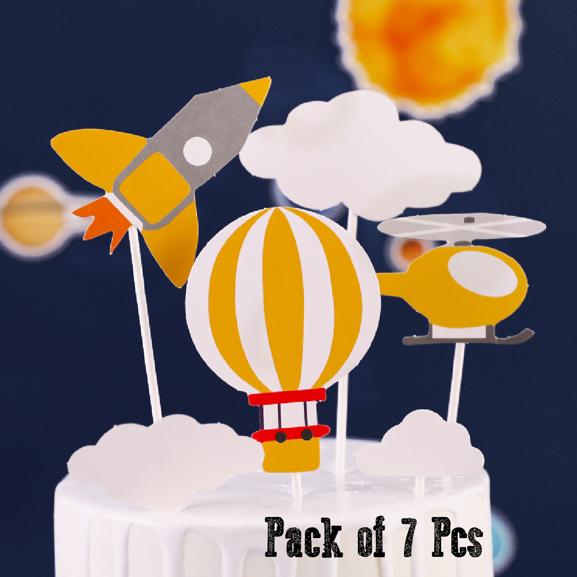 Cake Decoration, Cupcake Topper - 'Space ship, Rocket, Hot Air balloon Set of 7Pcs - Rampant Coffee Company