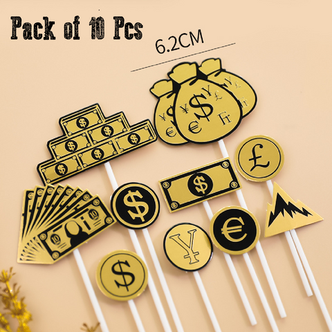 Cake Topper, Cake Decoration - Gold Dollar Money Theme Sign - Set of 10pcs
