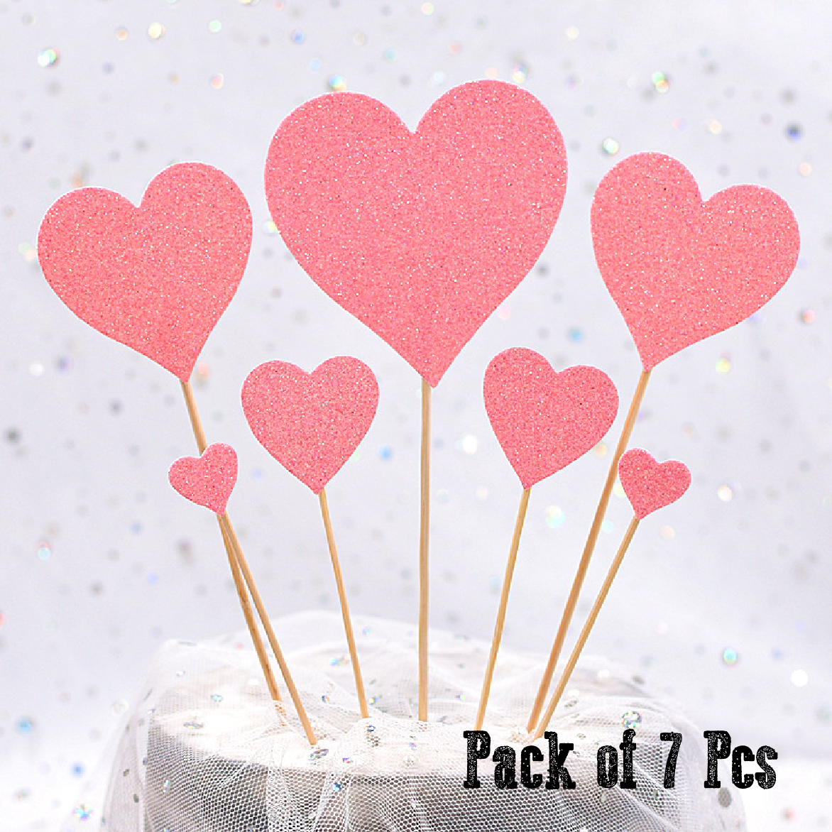 Cake Topper Cake Decoration - Love hearts - glitter finish-pink, 7pcs - Rampant Coffee Company