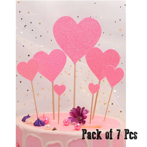 Cake Topper Cake Decoration - Love hearts - glitter finish-pink, 7pcs - Rampant Coffee Company