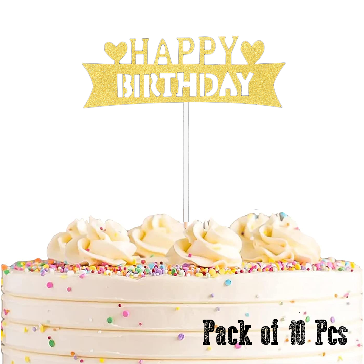 Cake Topper - 'Happy Birthday' hearts- gold 10pcs - Rampant Coffee Company
