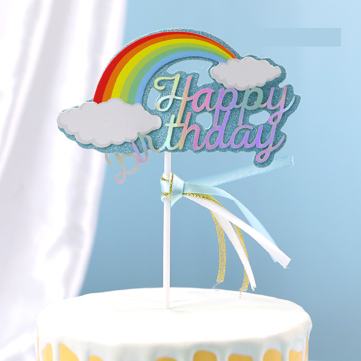 Cake Topper Cake Decoration - 'Happy Birthday' with rainbow, cloud and tassels - blue - Rampant Coffee Company