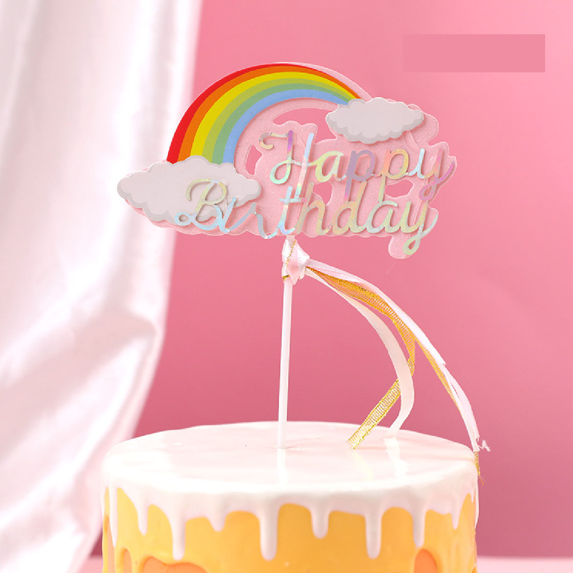 Cake Topper Cake Decoration- 'Happy Birthday' with rainbow, cloud and tassels - pink - Rampant Coffee Company