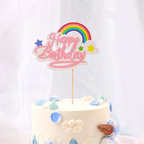 Cake Topper Cake Decoration - 'Happy Birthday' with rainbow and stars - pink - Rampant Coffee Company