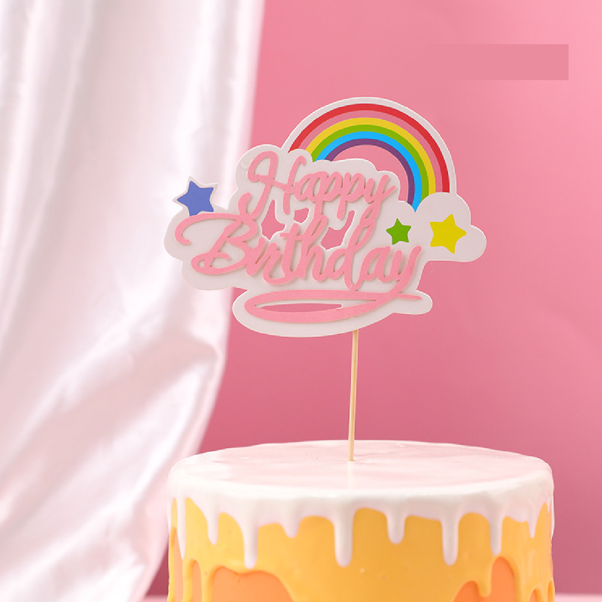 Cake Topper Cake Decoration - 'Happy Birthday' with rainbow and stars - pink - Rampant Coffee Company