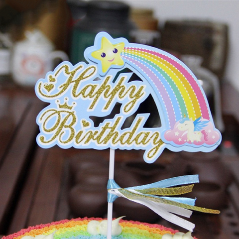 Cake Topper Cake Decoration - 'Happy Birthday' Rainbow- blue - Rampant Coffee Company