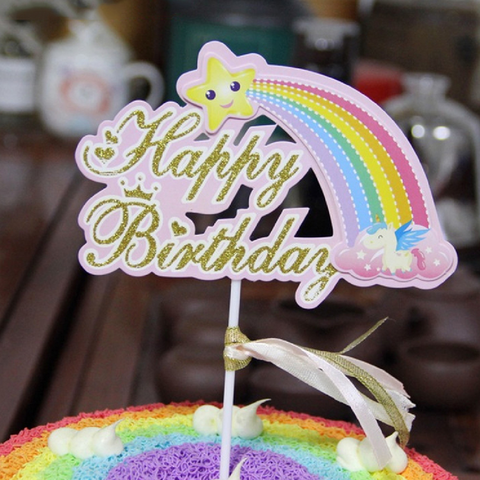 Cake Topper Cake Decoration - 'Happy Birthday' Rainbow- pink - Rampant Coffee Company