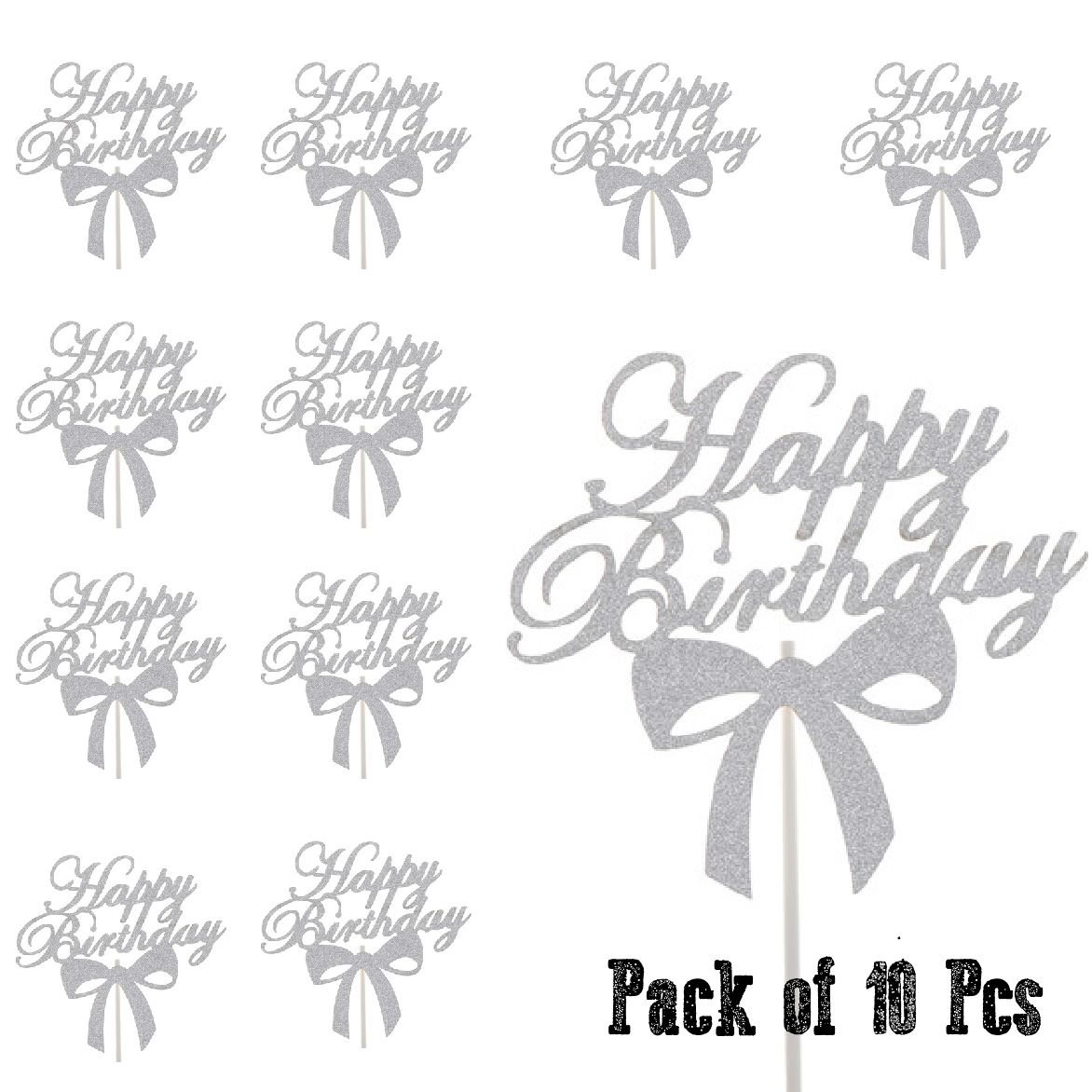 Cake Topper - 'Happy Birthday' ribbon- silver 10 pack - Rampant Coffee Company