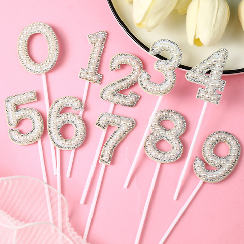 Cake Topper, Cupcake Decoration - Decorative Glitter & White Pearl - Number 7